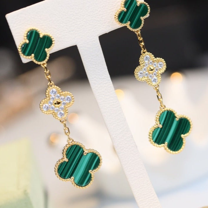 [⭐Veyra]CLOVER EARRINGS GOLD MALACHITE DIAMOND 3 MOTIF