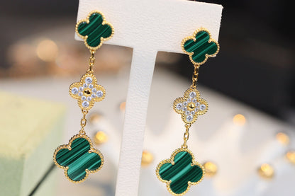 [⭐Veyra]CLOVER EARRINGS GOLD MALACHITE DIAMOND 3 MOTIF