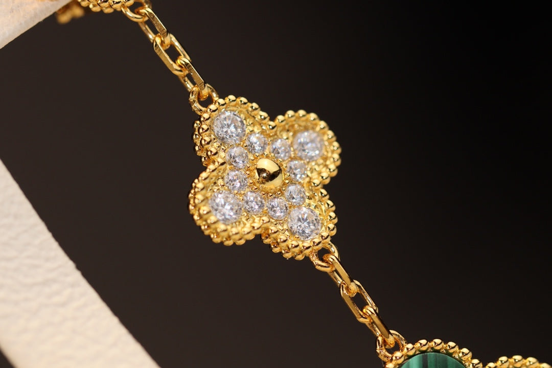 [⭐Veyra]CLOVER EARRINGS GOLD MALACHITE DIAMOND 3 MOTIF