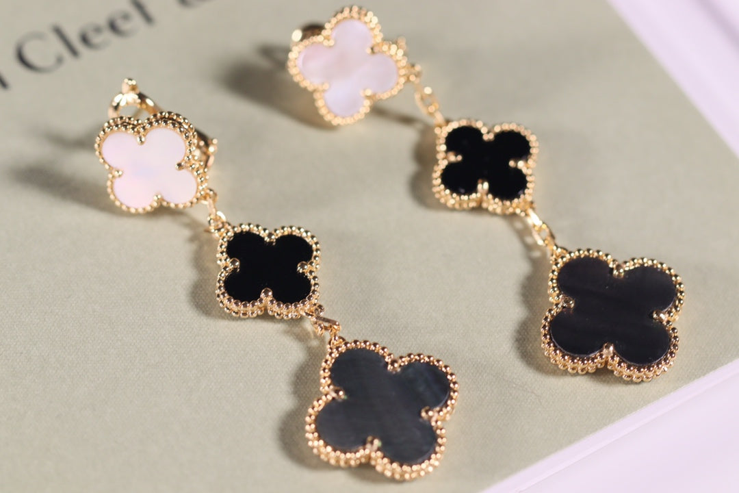 [⭐Veyra]CLOVER EARRINGS GOLD ONYX MOP 3 MOTIF