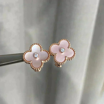 [⭐Veyra]CLOVER MEDIUM 1 MOTIFS  PINK MOP DIAMOND EARRINGS