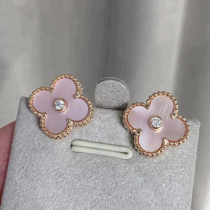 [⭐Veyra]CLOVER MEDIUM 1 MOTIFS  PINK MOP DIAMOND EARRINGS