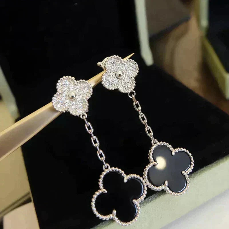 [⭐Veyra]CLOVER 2 MOTIFS  DIAMOND ONYX EARRINGS SILVER