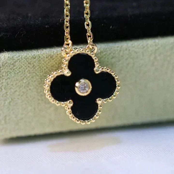 [⭐Veyra]CLOVER 15MM DIAMOND ONYX NECKLACE