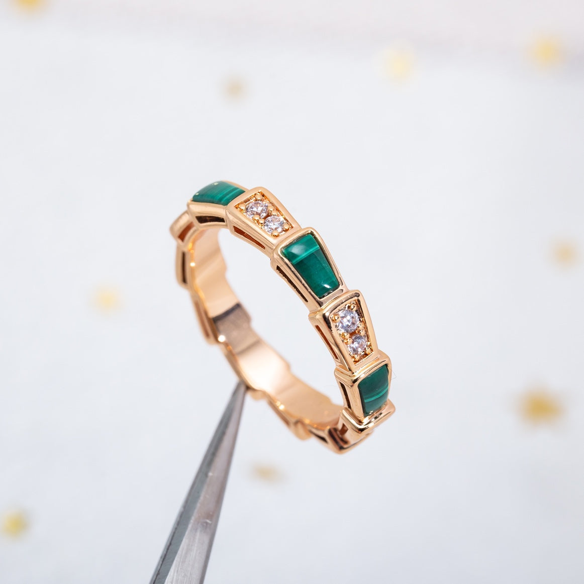 [⭐Veyra]SERPENTI RING PINK GOLD MALACHITE DIAMOND 3MM