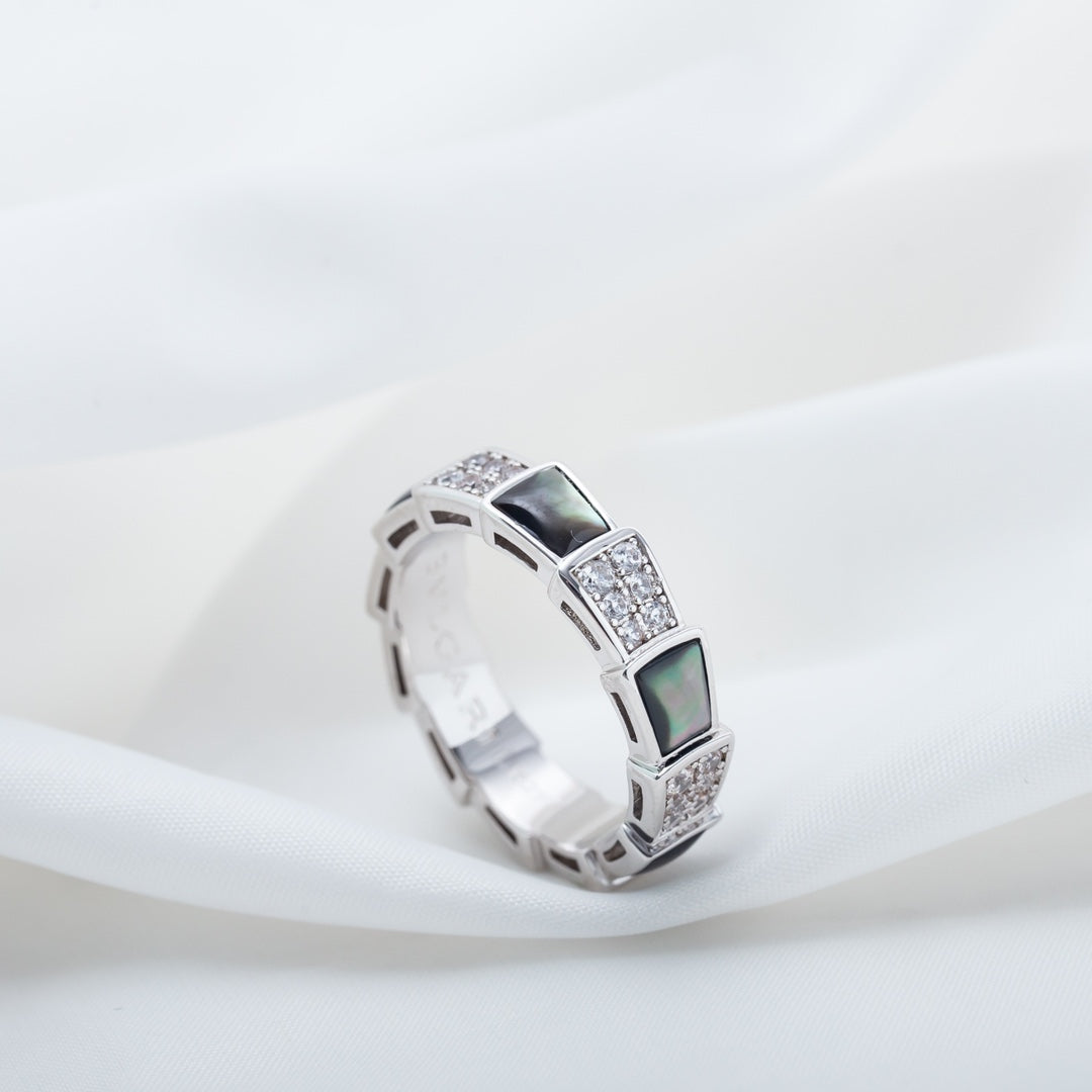 [⭐Veyra]SERPENTI RING SILVER DIAMOND BLACK MOP 4MM