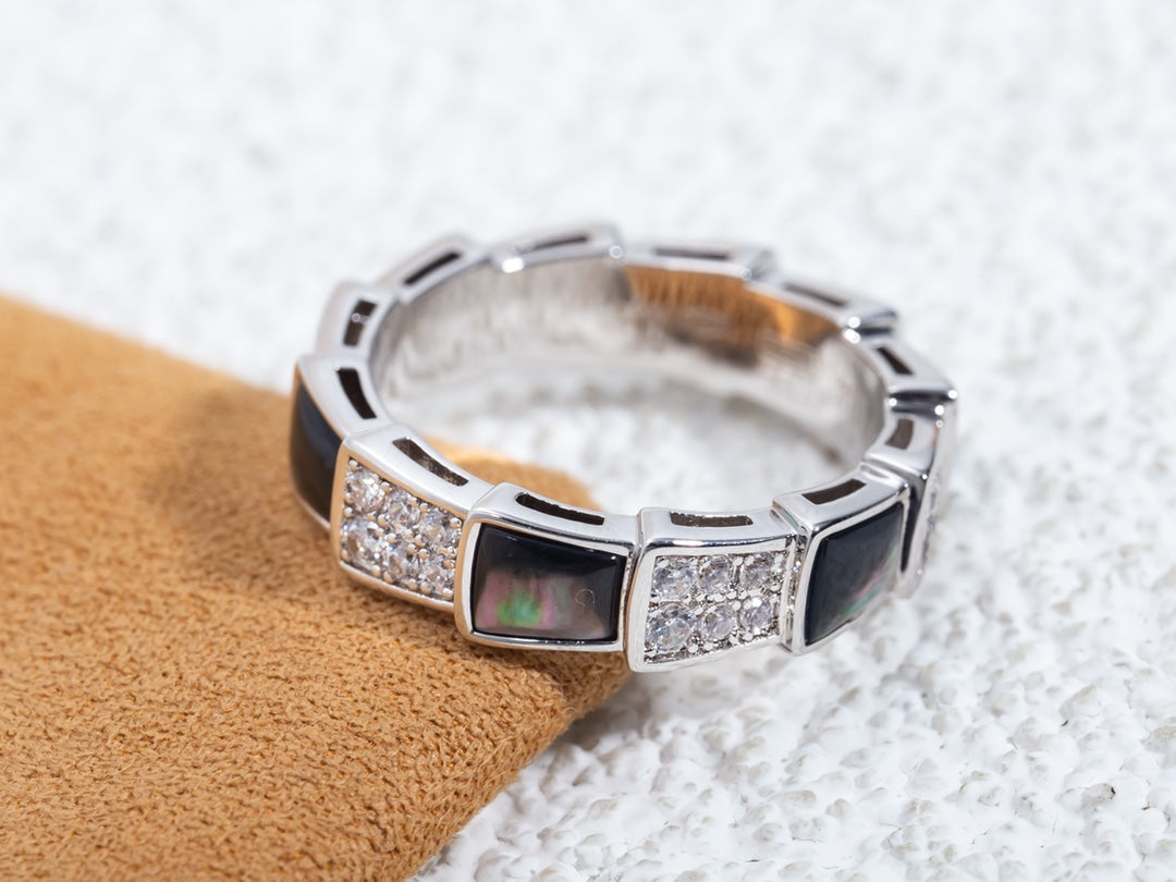 [⭐Veyra]SERPENTI RING SILVER DIAMOND BLACK MOP 4MM