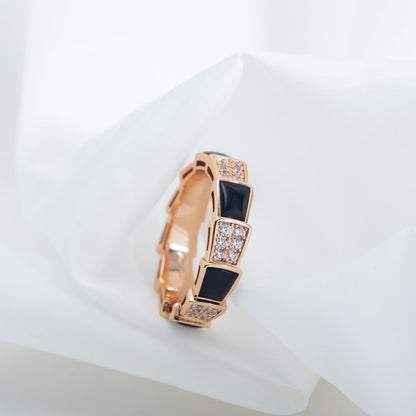 [⭐Veyra]SERPENTI RING PINK GOLD BLACK MOP DIAMOND PAVED 4MM