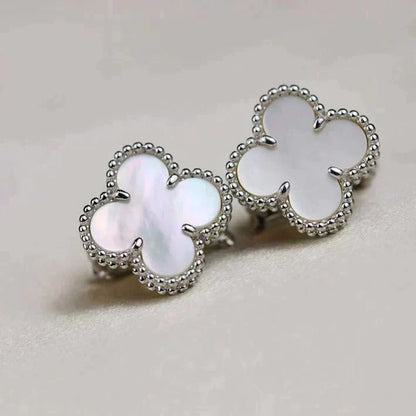 [⭐Veyra]CLOVER MEDIUM 1 MOTIFS  WHITE MOP EARRINGS SILVER