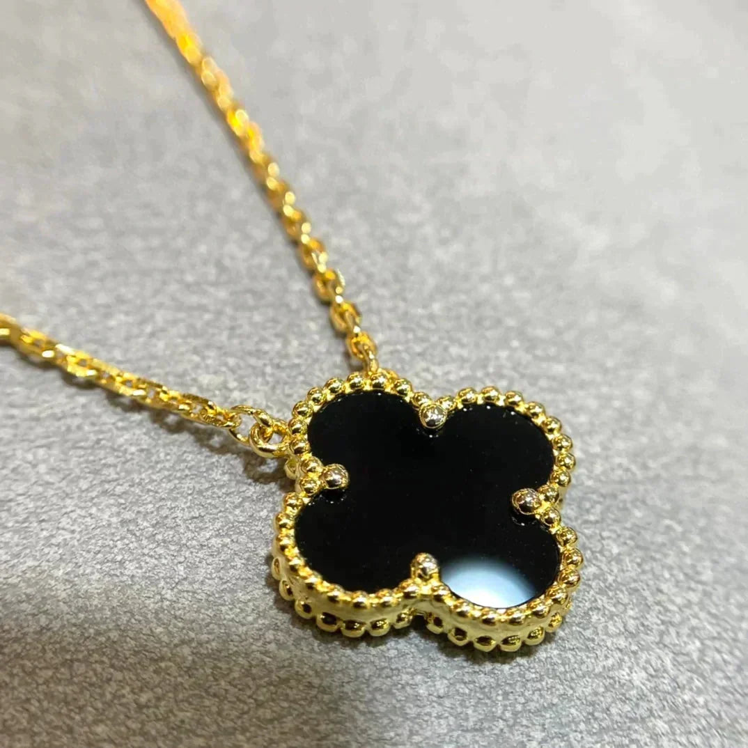 [⭐Veyra]CLOVER 15MM BLACK ONYX SINGLE FLOWER NECKLACE