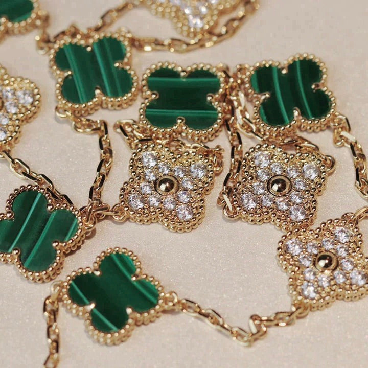 [⭐Veyra]CLOVER 20 MOTIFS MALACHITE DIAMOND NECKLACE