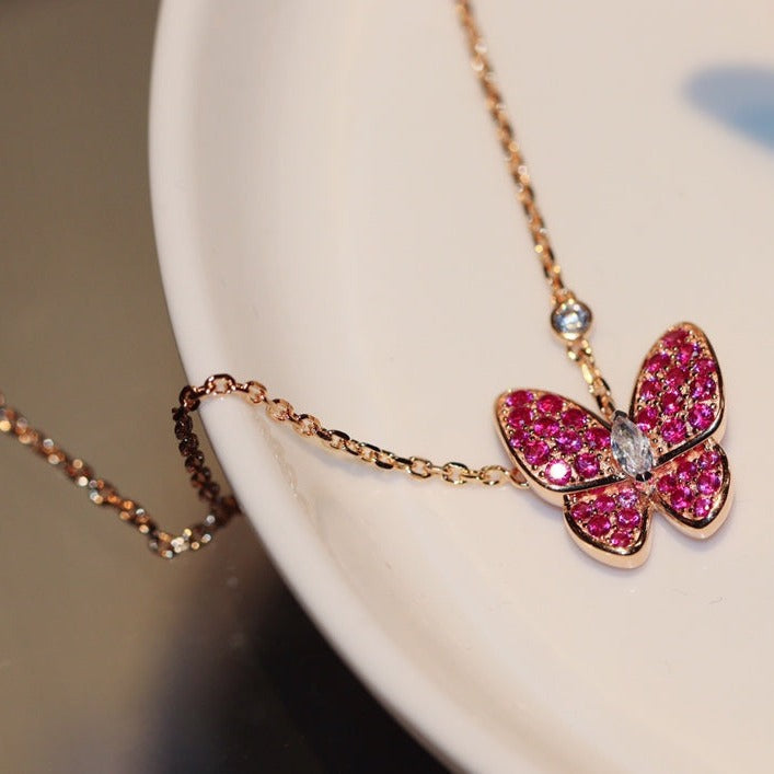 [⭐Veyra]BUTTERFLY RED DIAMOND ROSE GOLD NECKLACE