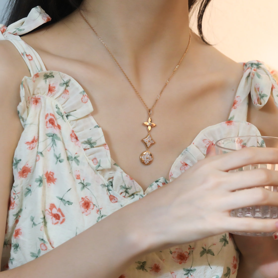 [⭐Veyra]STAR AND SUN DIAMOND PINK GOLD NECKLACE