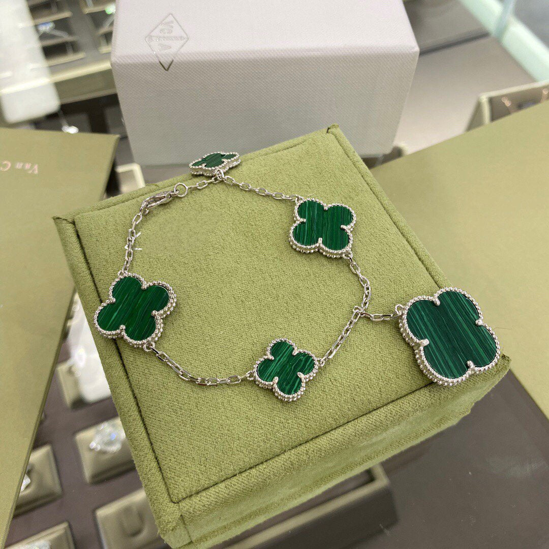 [⭐Veyra]CLOVER 5 MOTIFS SIVLER MALACHITE BRACELET