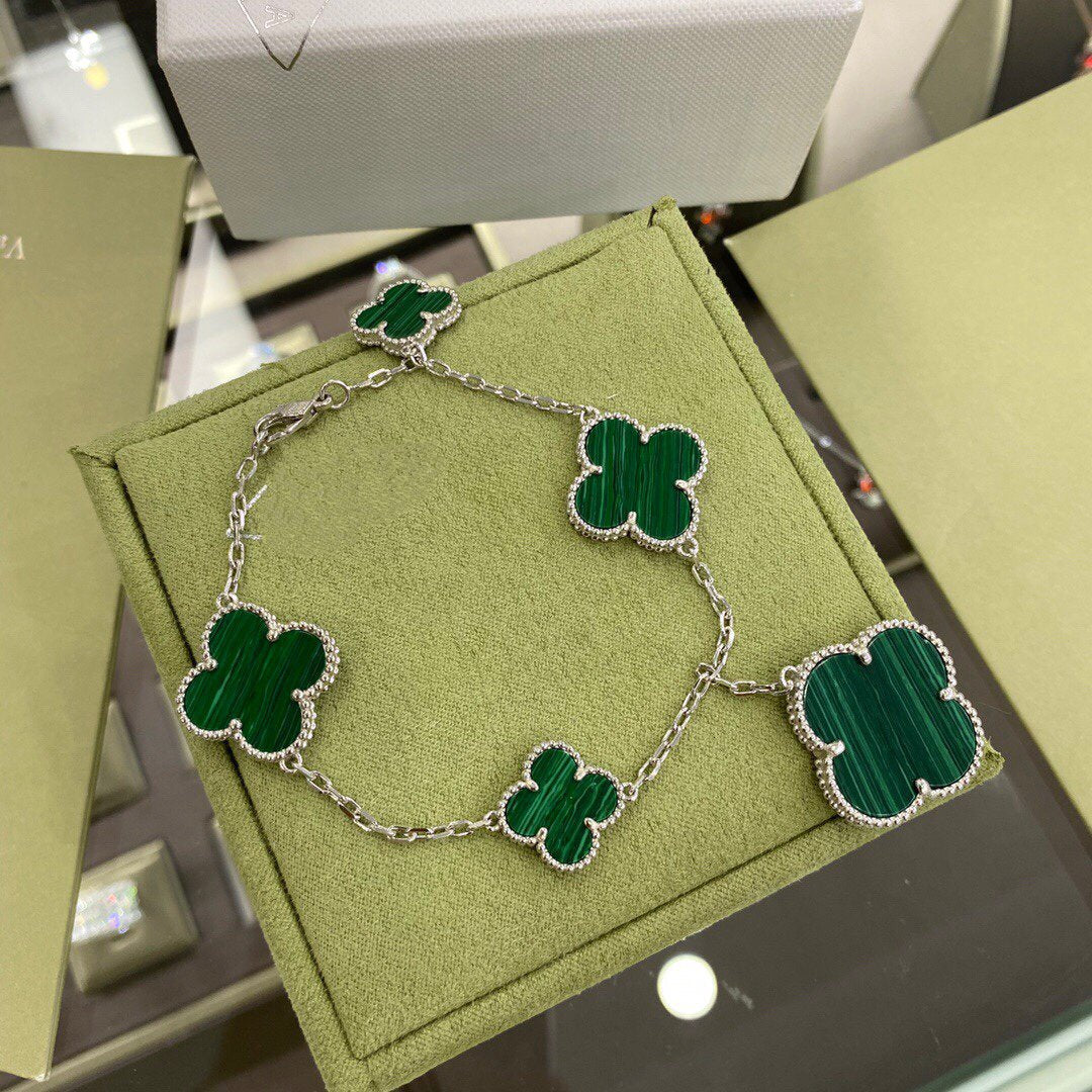 [⭐Veyra]CLOVER 5 MOTIFS SIVLER MALACHITE BRACELET