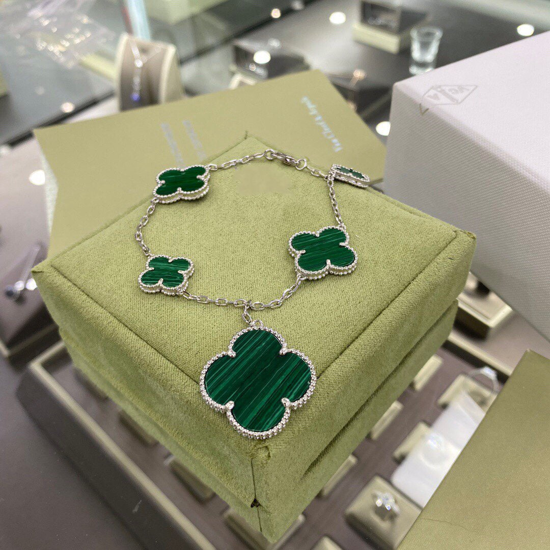 [⭐Veyra]CLOVER 5 MOTIFS SIVLER MALACHITE BRACELET