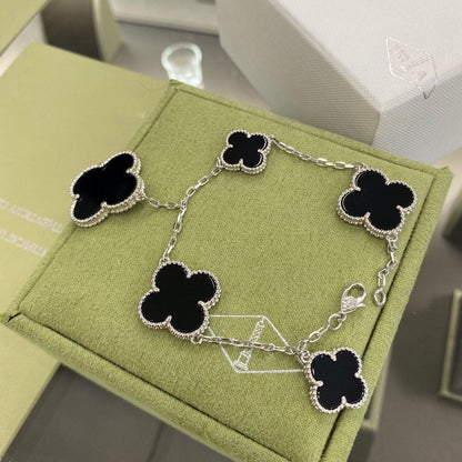 [⭐Veyra]CLOVER 5 MOTIFS SIVLER ONYX BRACELET