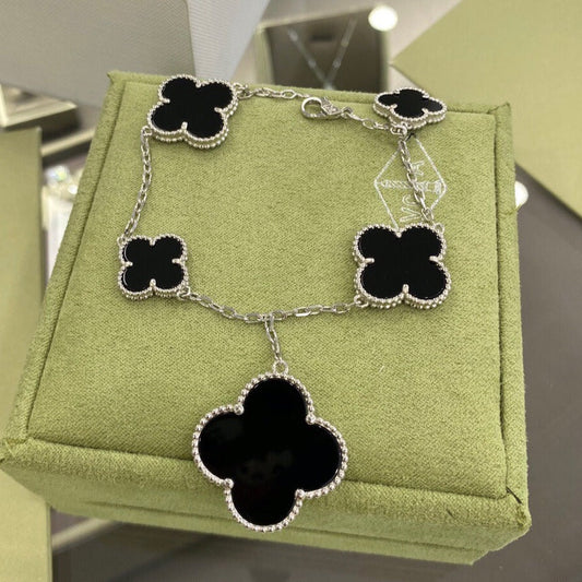 [⭐Veyra]CLOVER 5 MOTIFS SIVLER ONYX BRACELET