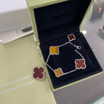 [⭐Veyra]CLOVER 5 MOTIFS SIVLER CARNELIAN TIGER EYE BRACELET