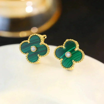 [⭐Veyra]CLOVER MEDIUM 1 MOTIFS MALACHITE DIAMOND EARRINGS