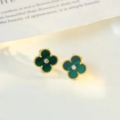 [⭐Veyra]CLOVER MEDIUM 1 MOTIFS MALACHITE DIAMOND EARRINGS