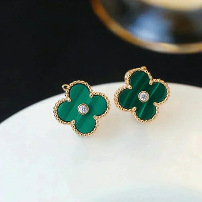 [⭐Veyra]CLOVER MEDIUM 1 MOTIFS MALACHITE DIAMOND EARRINGS