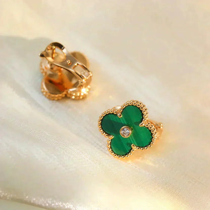 [⭐Veyra]CLOVER MEDIUM 1 MOTIFS MALACHITE DIAMOND EARRINGS