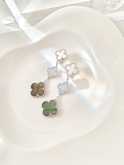 [⭐Veyra]CLOVER 3 MOTIFS CHALCEDONY DARK MOP SILVER EARRINGS
