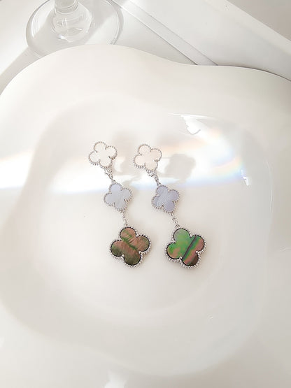[⭐Veyra]CLOVER 3 MOTIFS CHALCEDONY DARK MOP SILVER EARRINGS