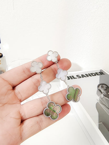 [⭐Veyra]CLOVER 3 MOTIFS CHALCEDONY DARK MOP SILVER EARRINGS