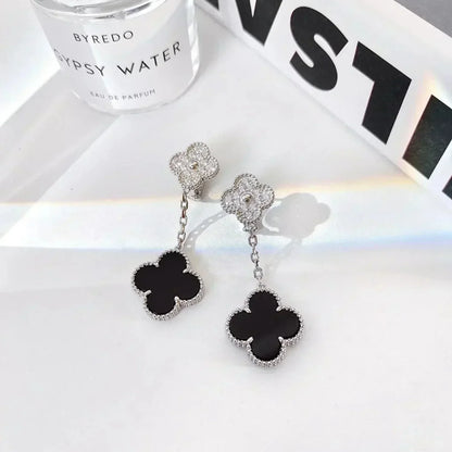 [⭐Veyra]CLOVER 2 MOTIFS  DIAMOND ONYX EARRINGS SILVER