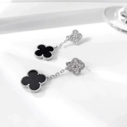[⭐Veyra]CLOVER 2 MOTIFS  DIAMOND ONYX EARRINGS SILVER