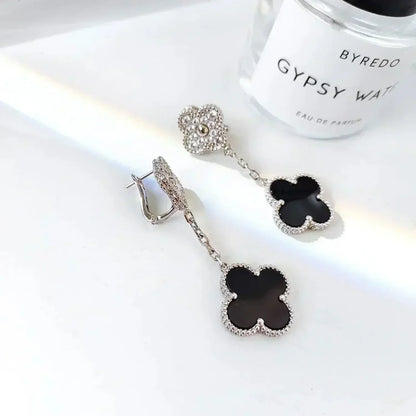 [⭐Veyra]CLOVER 2 MOTIFS  DIAMOND ONYX EARRINGS SILVER