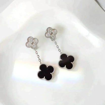 [⭐Veyra]CLOVER 2 MOTIFS  DIAMOND ONYX EARRINGS SILVER