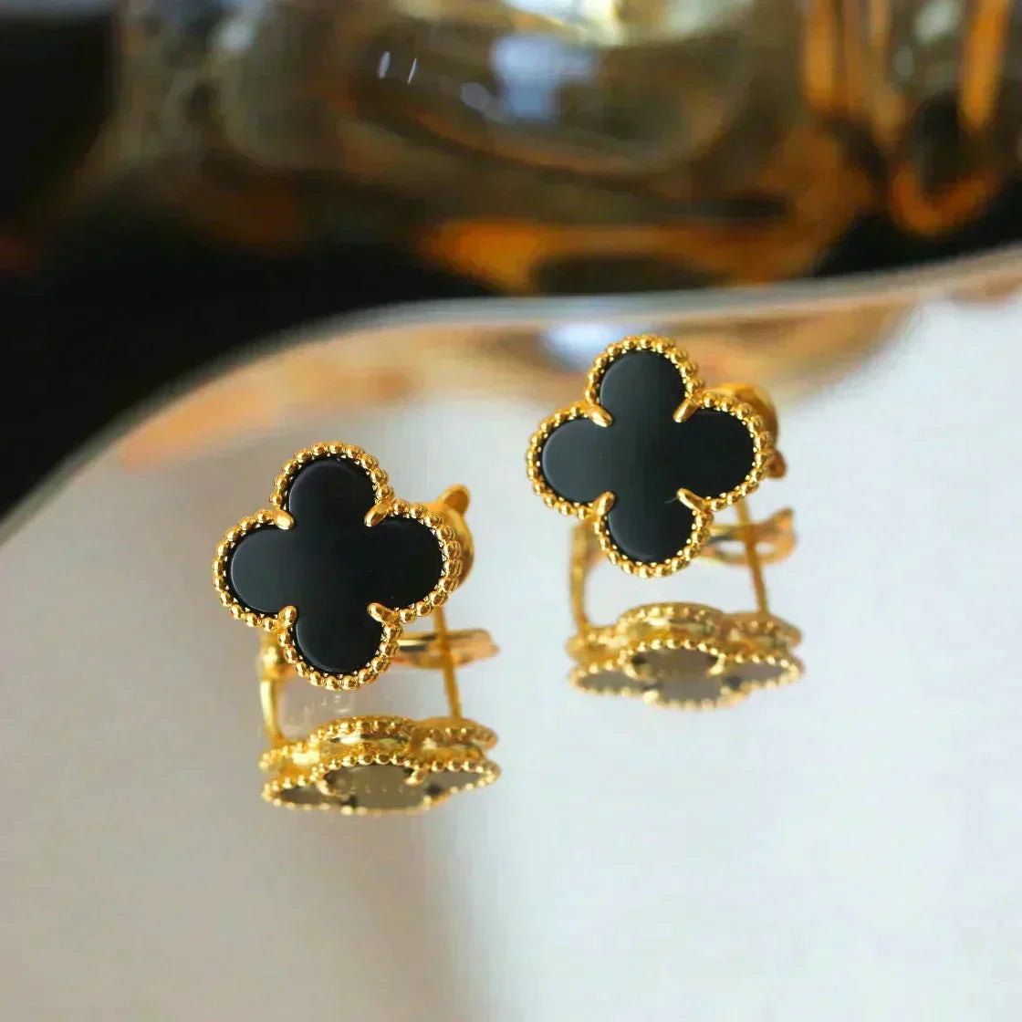 [⭐Veyra]CLOVER MEDIUM 1 MOTIFS  ONYX STUD EARRINGS