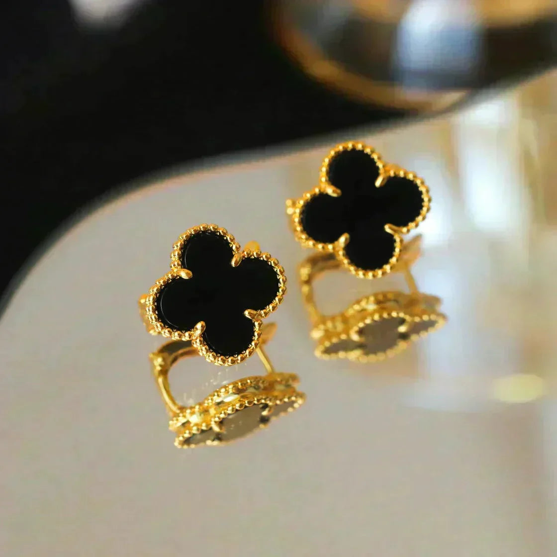[⭐Veyra]CLOVER MEDIUM 1 MOTIFS  ONYX STUD EARRINGS