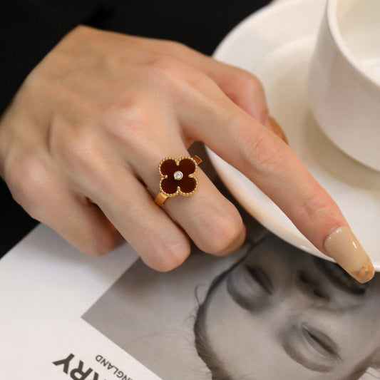 [⭐Veyra]CLOVER CARNELIAN RING ROSE GOLD DIAMOND