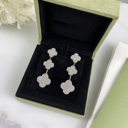 [⭐Veyra]CLOVER 3 MOTIF DIAMOND SILVER DROP EARRINGS