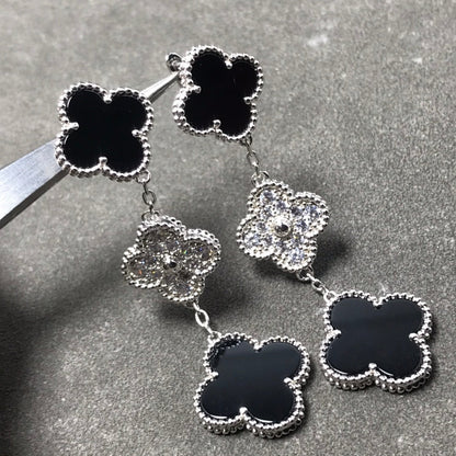 [⭐Veyra]CLOVER 3 MOTIF DIAMOND ONYX SILVER EARRINGS