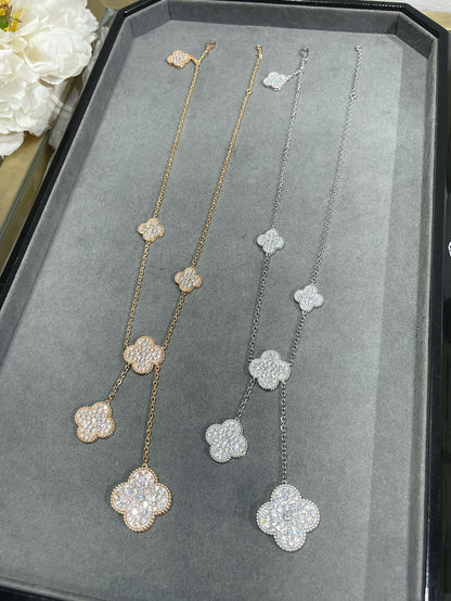 [⭐Veyra]CLOVER 6 MOTIF DIAMOND PAVED NECKLACE