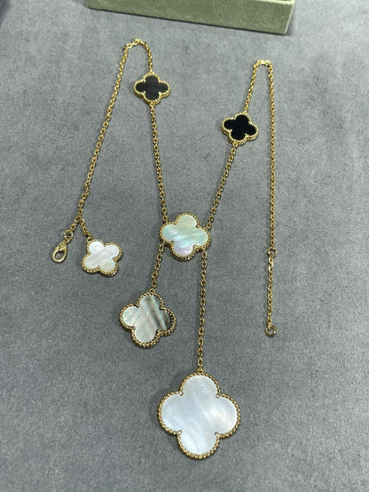 [⭐Veyra]CLOVER 6 MOTIF MOP ONYX GOLD NECKLACE