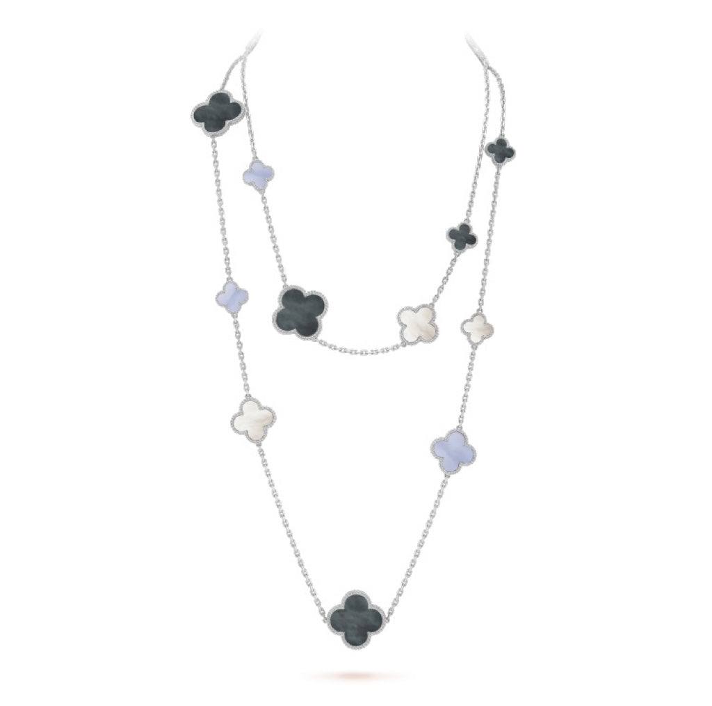 [⭐Veyra]CLOVER 16 MOTIF CHALCEDONY MOP SILVER NECKLACE