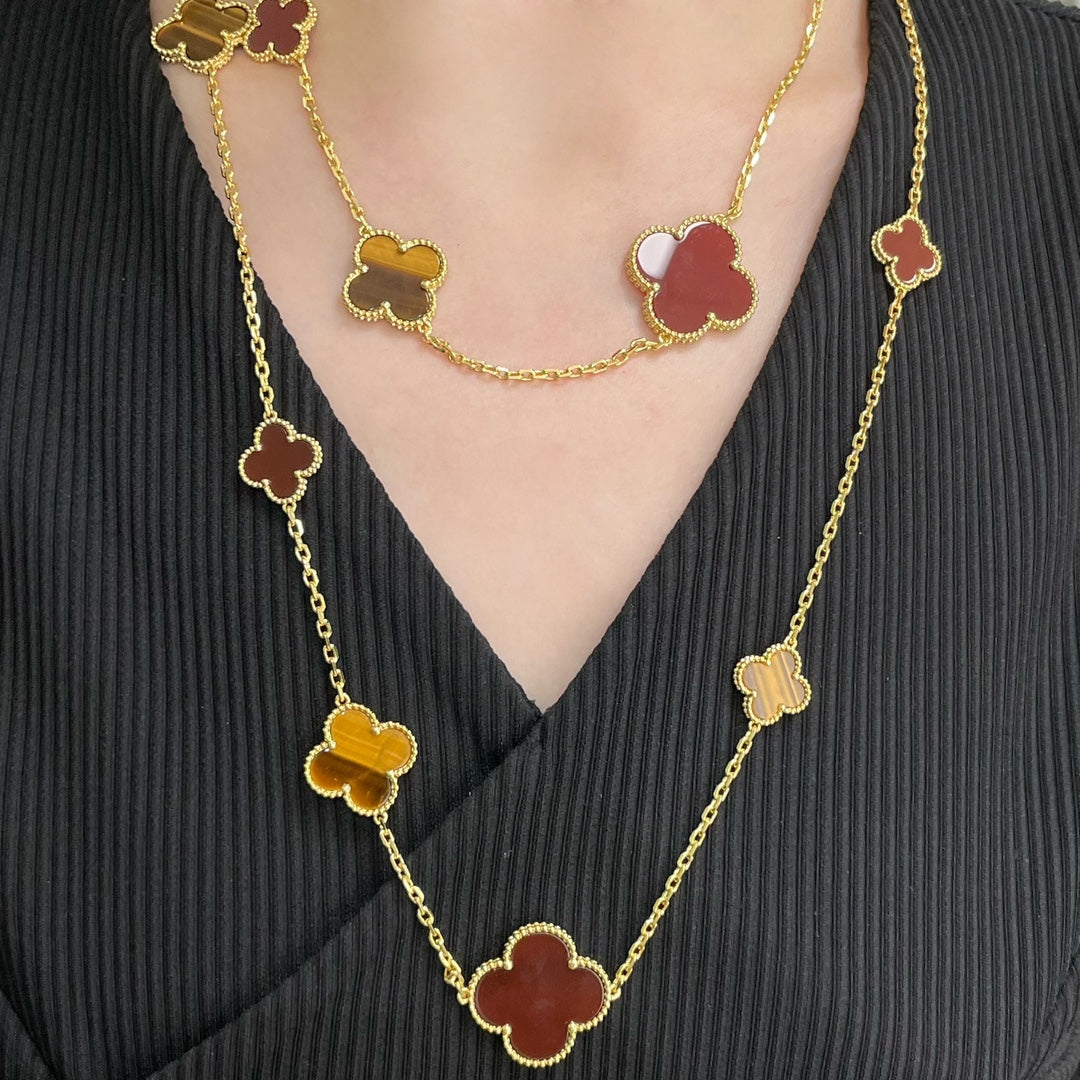 [⭐Veyra]CLOVER 16 MOTIF CARNELIAN TIGER EYE ROSE GOLD NECKLACE