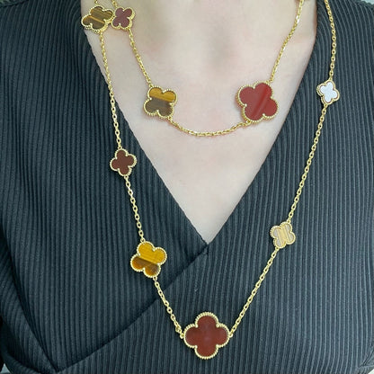 [⭐Veyra]CLOVER 16 MOTIF CARNELIAN TIGER EYE ROSE GOLD NECKLACE