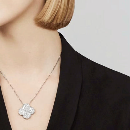 [⭐Veyra]CLOVER 25MM LARGE PENDANT DIAMOND PAVED SILVER NECKLACE