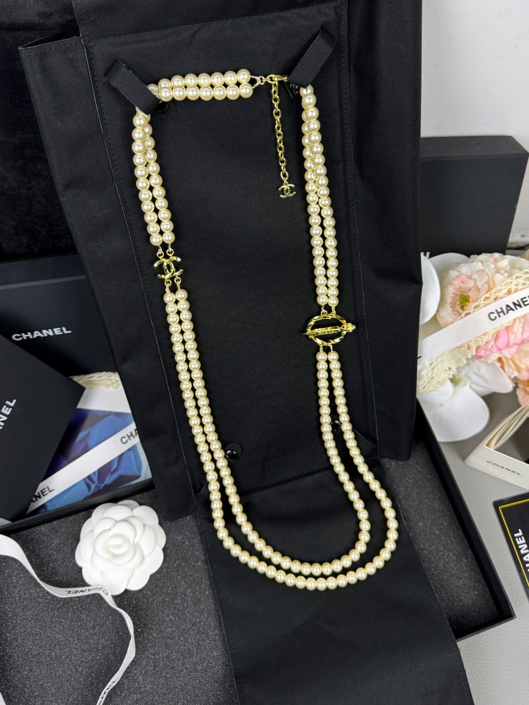 [⭐Veyra]25K Pencil Double C Double-Layer Pearl Sweater Chain