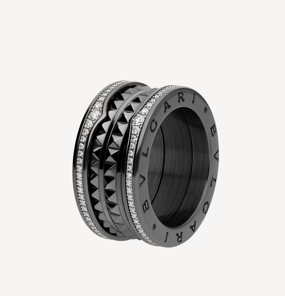 [⭐Veyra]ZERO 1 ROCK FOUR-BAND BLACK CERAMIC WITH STUDDED SPIRAL AND PAVED DIAMONDS RING