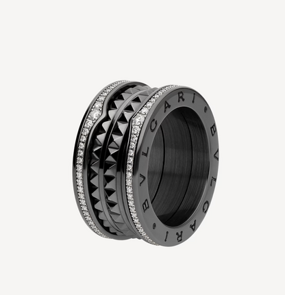 [⭐Veyra]ZERO 1 ROCK FOUR-BAND BLACK CERAMIC WITH STUDDED SPIRAL AND PAVED DIAMONDS RING