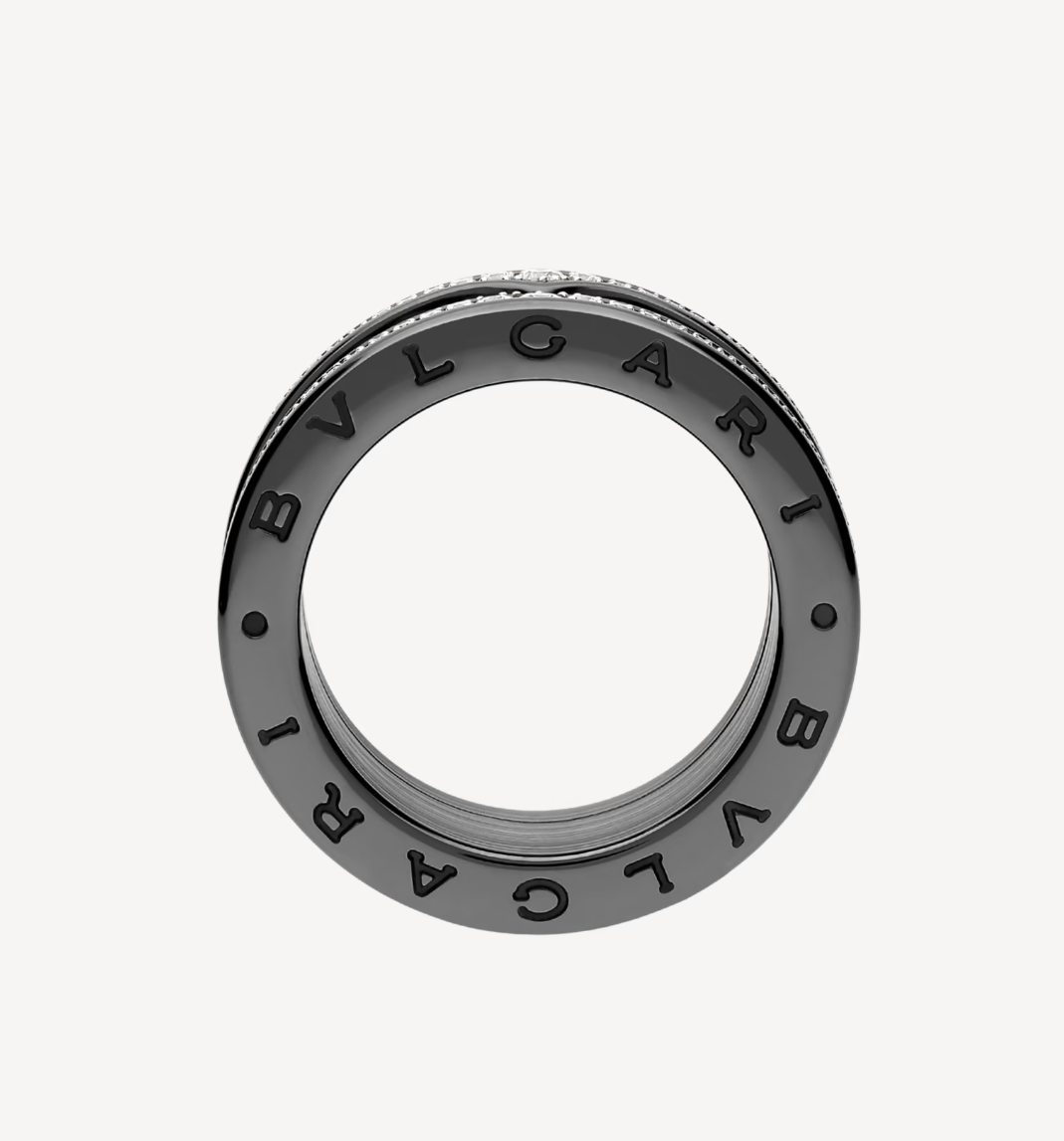 [⭐Veyra]ZERO 1 ROCK FOUR-BAND BLACK CERAMIC WITH STUDDED SPIRAL AND PAVED DIAMONDS RING