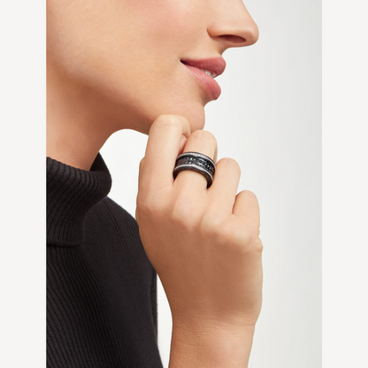 [⭐Veyra]ZERO 1 ROCK FOUR-BAND BLACK CERAMIC WITH STUDDED SPIRAL AND PAVED DIAMONDS RING